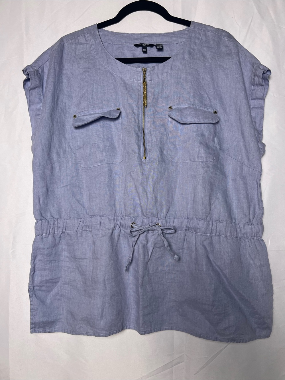 Ellen Tracy Blue Linen Blend Half Zip Tunic Top XL Lagenlook Utility